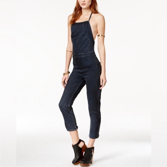 Free People Hearts on Fire Black Denim Open Back Halterall Jumpsuit size 2 - Picture 1 of 14